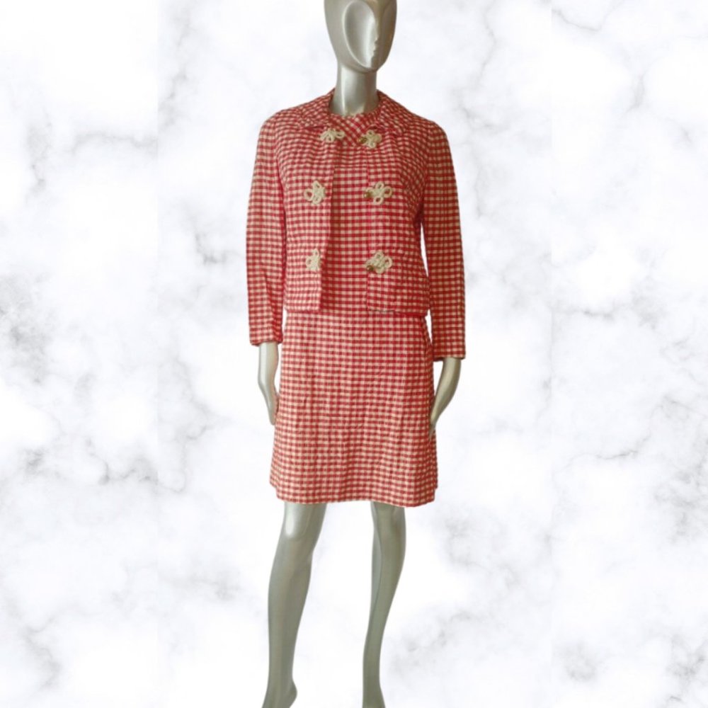 Vintage 60s 2 Piece Red-White Retro Parlour Mod Dress & Jacket/Cardigan